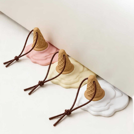 Cartoon Ice Cream door stoppers in pink, cream and white silicone, with waffle cone designs and brown lanyards