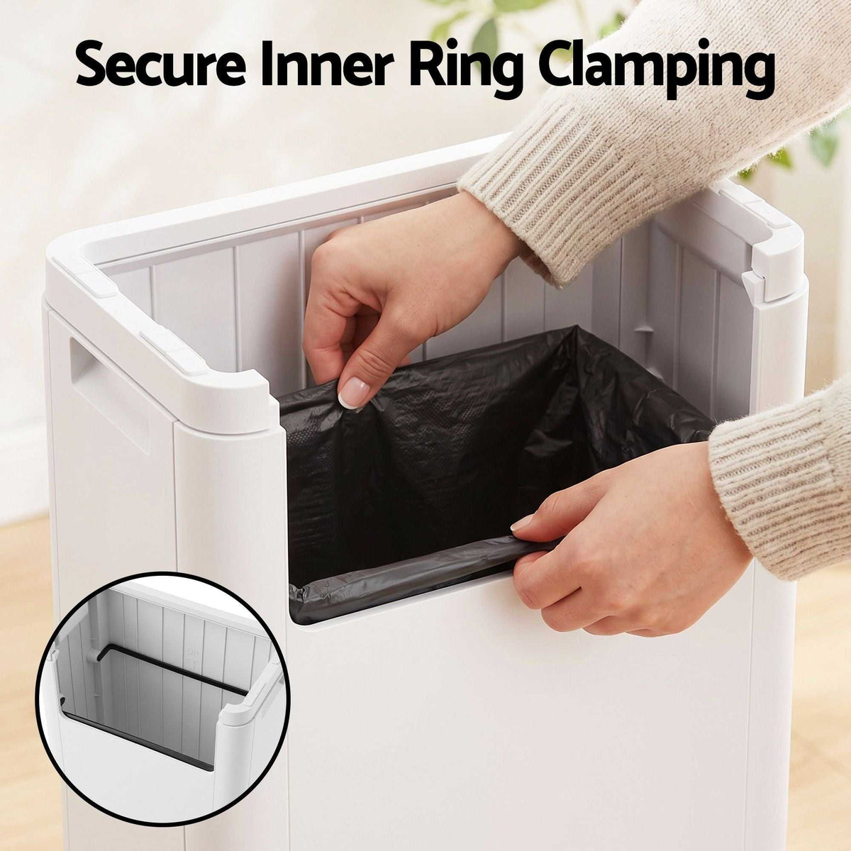 Cefito 30L Commercial Trash Can in white polypropylene, showing a secure inner ring clamping a black liner in place