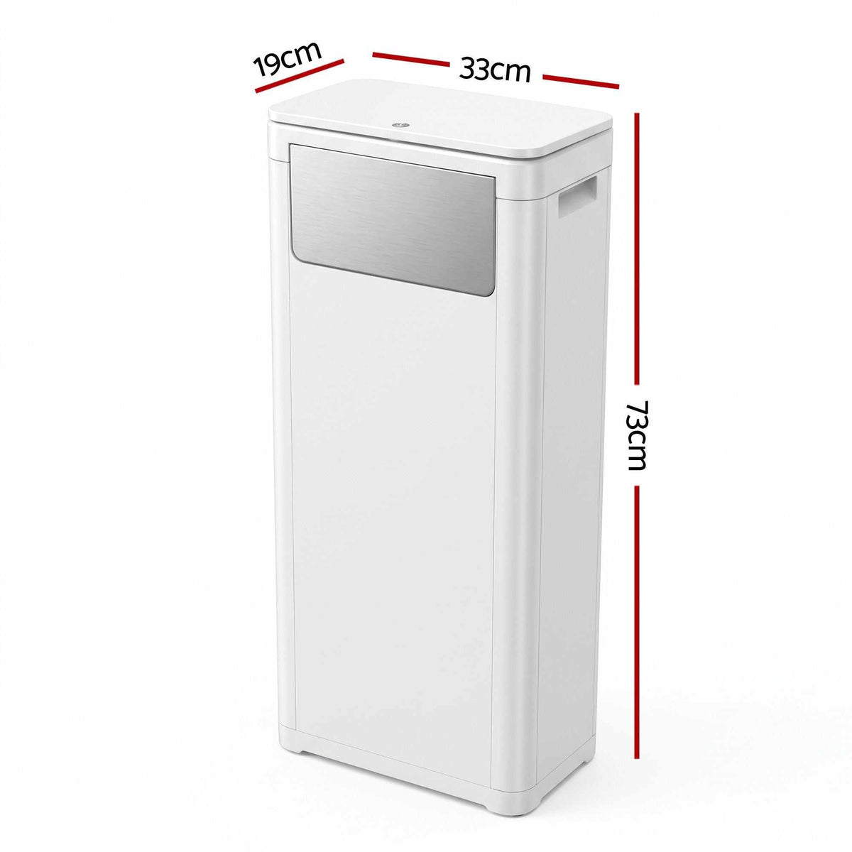 Cefito 30L Commercial Trash Can in white polypropylene, with a rectangular body and brushed-metal front push flap lid.
