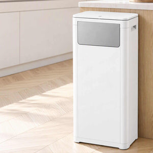 Cefito 30L Commercial Trash Can in white polypropylene with a grey front push flap and slim rectangular body