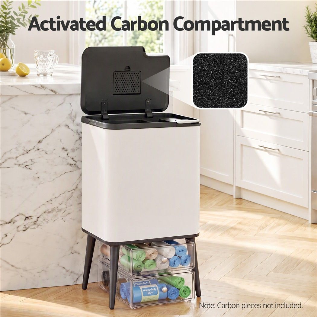 Cefito 36L Rubbish Bin with a white carbon steel body, black lid and removable legs, shown open with carbon compartment