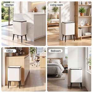 Cefito 36L Rubbish Bin with a white rectangular body, black lid and slim black metal legs in four room settings
