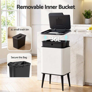 Cefito 36L Rubbish Bin with white steel body, black lid and legs, shown open with removable inner bucket