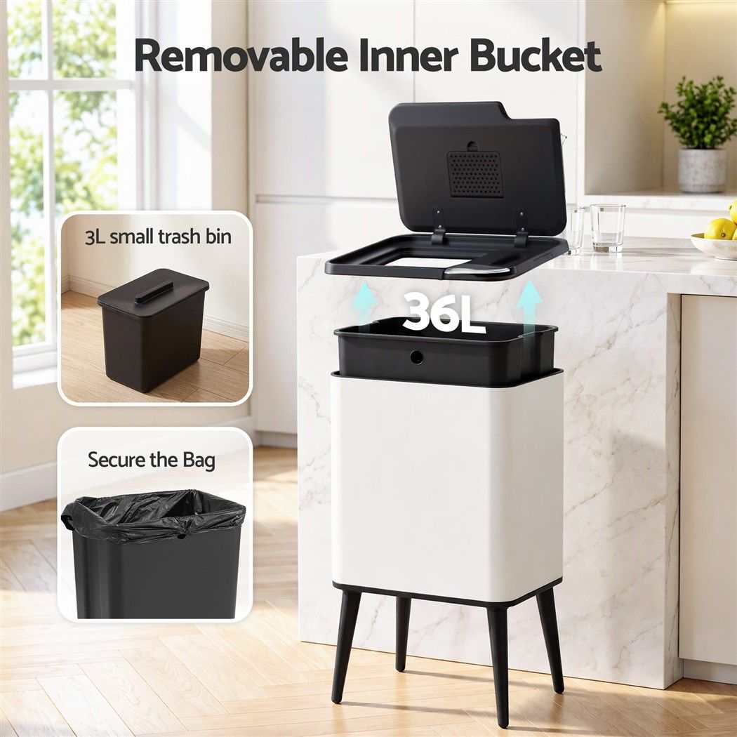 Cefito 36L Rubbish Bin with white steel body, black lid and legs, shown open with removable inner bucket