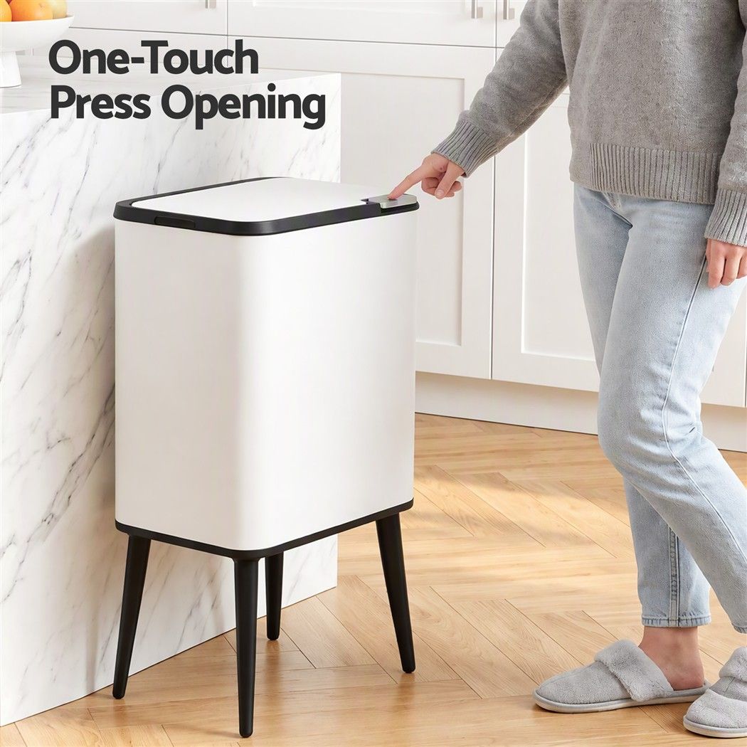 Cefito 36L Rubbish Bin with a white carbon steel body, black trim and raised legs, featuring one-touch press opening