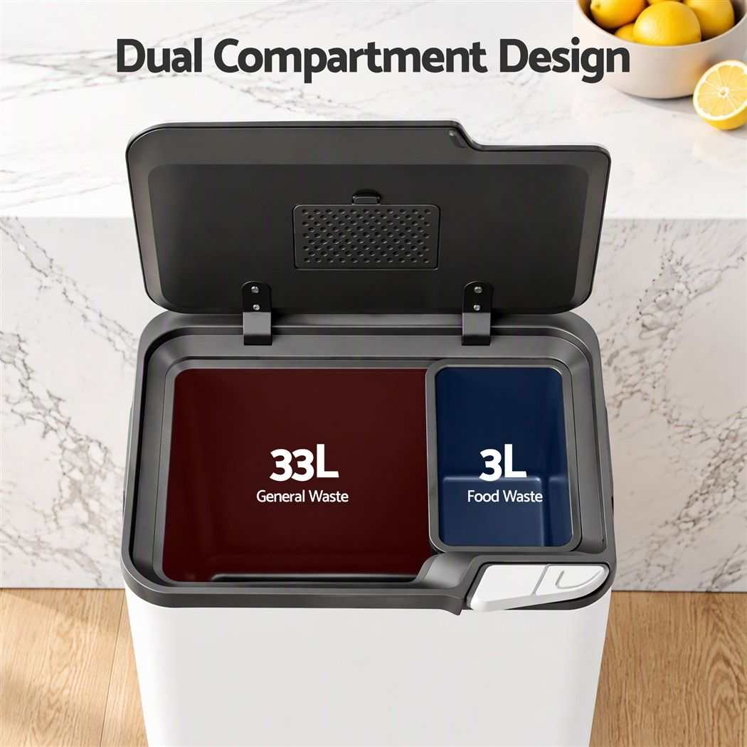 Cefito 36L Rubbish Bin with white steel body, open black lid and dual compartments marked 33L general waste and 3L food waste