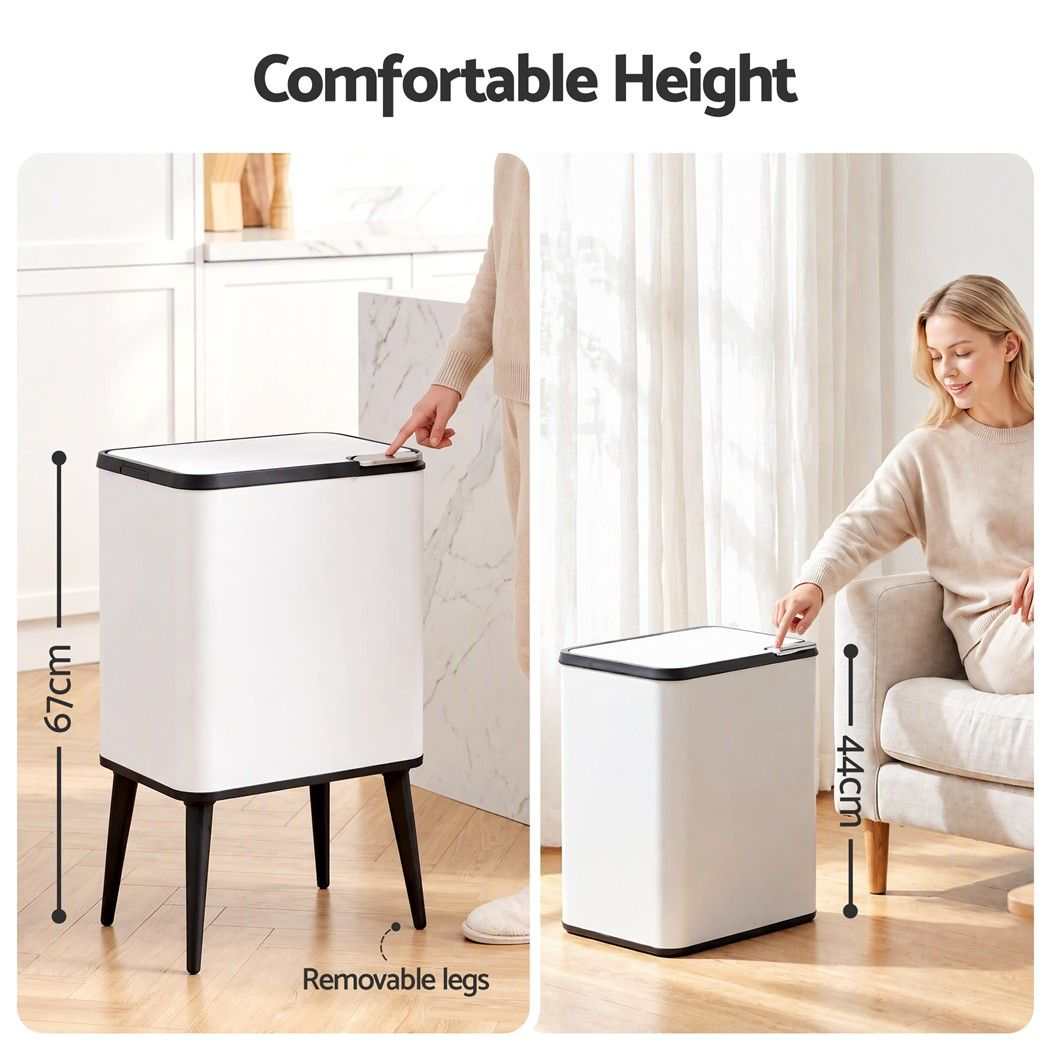 Cefito 36L Rubbish Bin in white carbon steel with black trim and removable legs, shown at two heights.