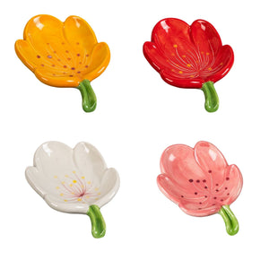 Ceramic Leaf Soap Box dishes in glossy yellow, red, white and pink, each shaped like a flower with a green stem