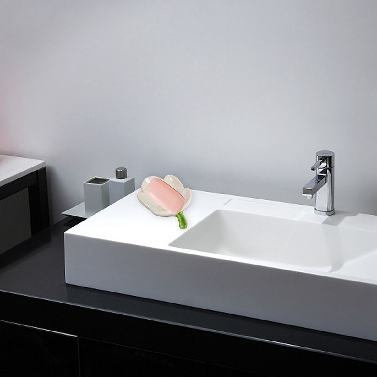 Ceramic Leaf Soap Box, pale pink leaf-shaped ceramic dish with a green stem and raised drainage ridges