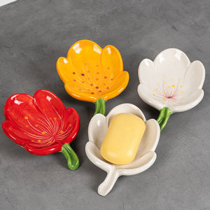 Ceramic Leaf Soap Box dishes in red, yellow and white, glossy flower-shaped ceramic with green stems and drainage holes