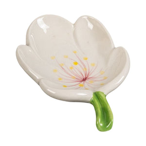 Ceramic Leaf Soap Box in glossy white ceramic, shaped like a flower with a green stem and delicate yellow floral accents