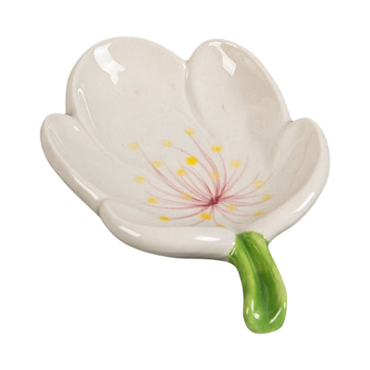 Ceramic Leaf Soap Box in glossy white ceramic, shaped like a flower with a green stem and delicate yellow floral accents
