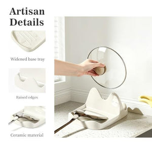 Ceramic Spoon Rest in cream white glazed ceramic, with raised edges and a widened base tray holding a pot lid upright
