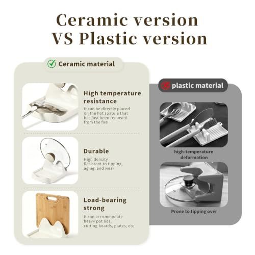 Ceramic Spoon Rest in cream-white ceramic with divided grooves, shown supporting a hot lid and upright cutting board