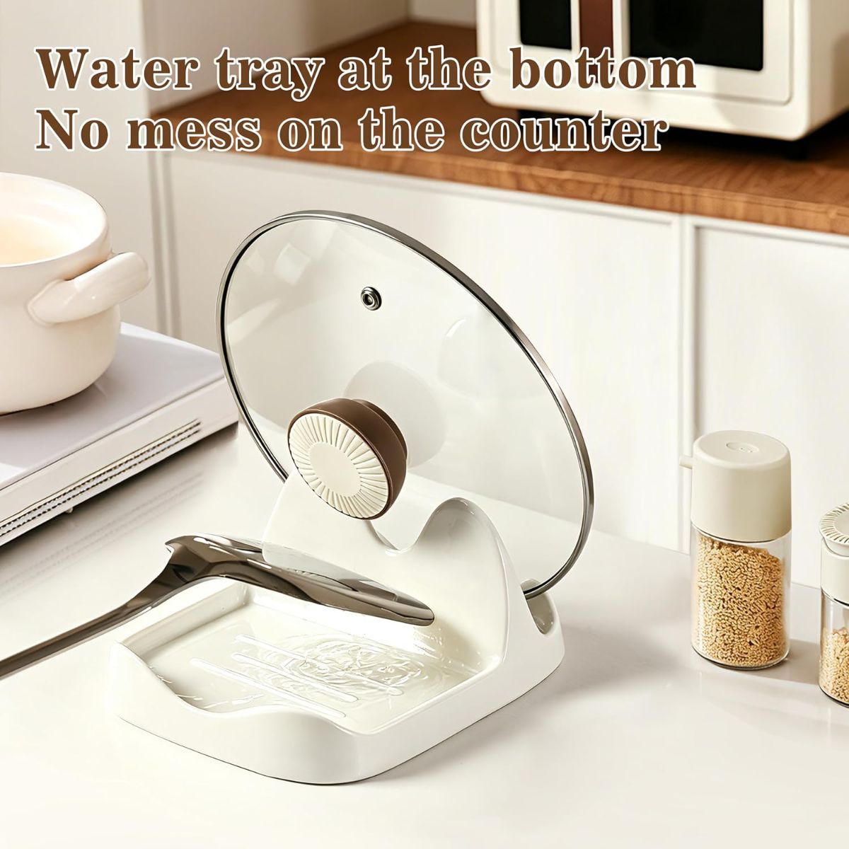 Ceramic Spoon Rest in cream white with a smooth glazed tray, raised edges and curved slot holding a glass pot lid