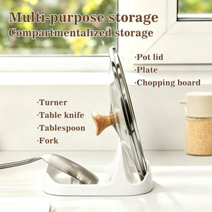 Ceramic Spoon Rest and pot lid holder in white glazed ceramic, with divided grooves for a lid and utensils