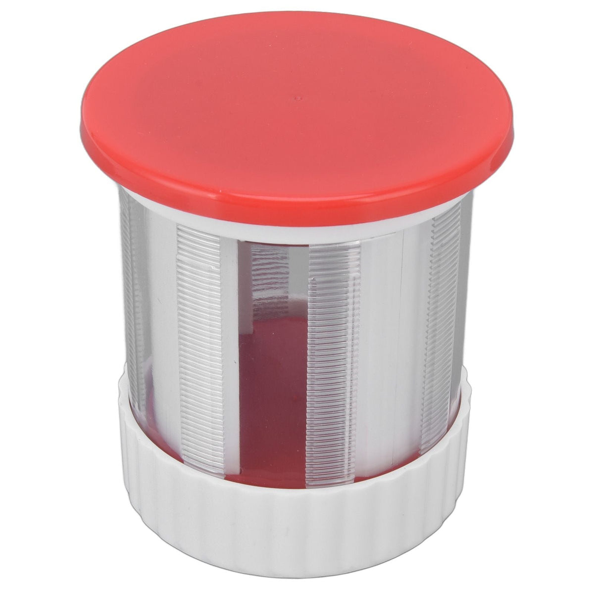 Cheese Grater Home Kitchen, compact cylindrical grater with a red lid, white plastic base and stainless steel blades