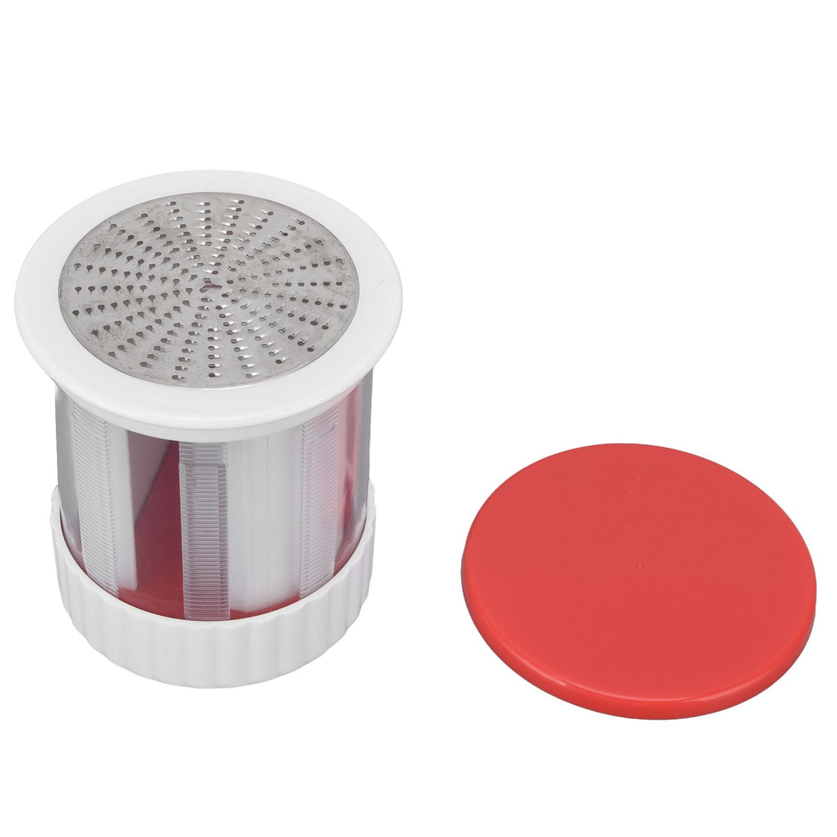 Cheese Grater Home Kitchen, red and white plastic rotary grater with stainless steel shredding drum and red lid