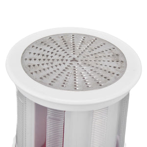 Cheese Grater Home Kitchen with a round stainless steel grating surface and white plastic cylindrical body