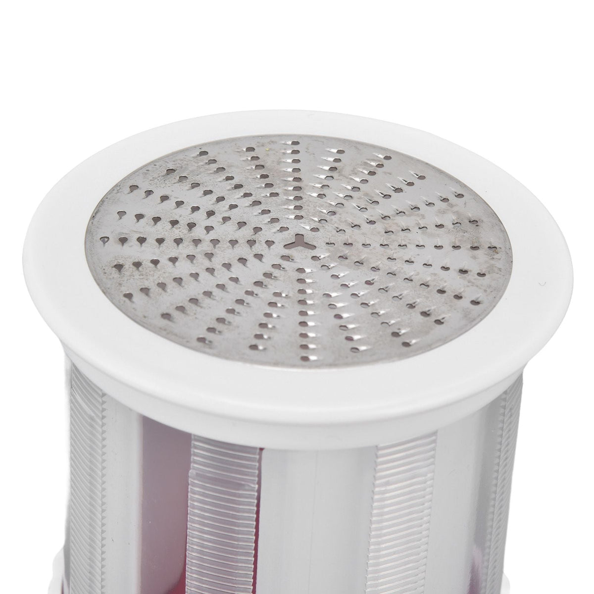 Cheese Grater Home Kitchen with a round stainless steel grating surface and white plastic cylindrical body