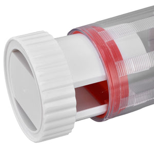Cheese Grater Home Kitchen with a white plastic handle, clear cylindrical body, red ring and stainless steel grating blade