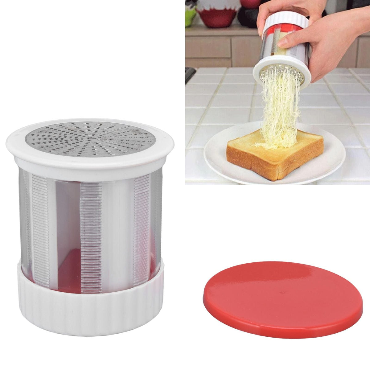 Cheese Grater Home Kitchen with a white plastic body, stainless steel grating drum and removable red lid, shown shredding cheese