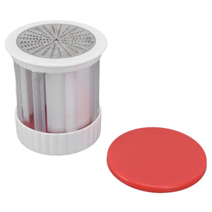 Cheese grater home kitchen with a white plastic cylindrical body, stainless steel grating blades and a separate red lid