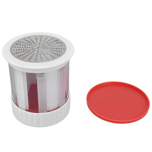 Cheese Grater Home Kitchen with a white plastic cylindrical body, stainless steel grating surface and separate red lid