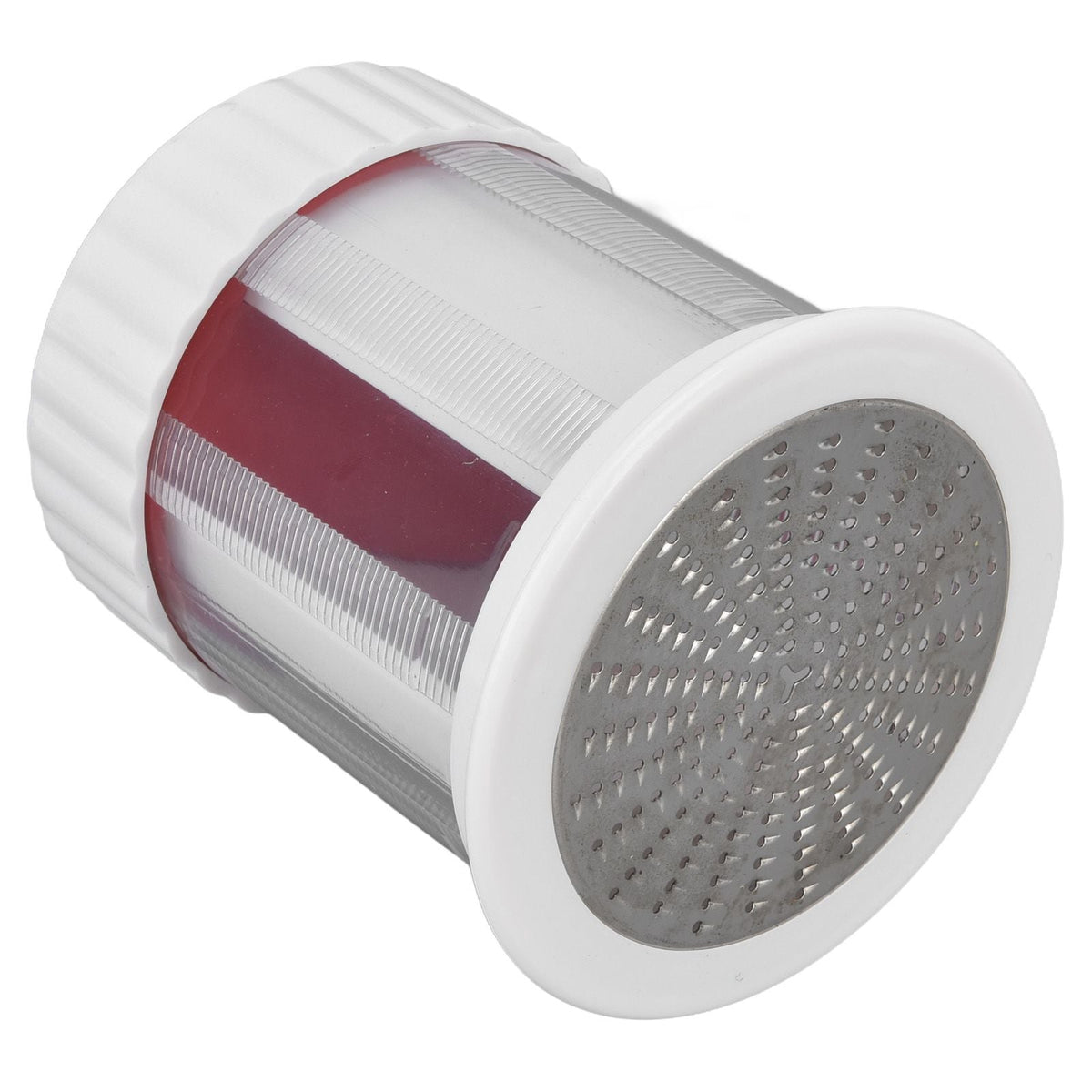 Cheese Grater Home Kitchen with a white plastic cylindrical body, red inner section and round stainless steel grating blade