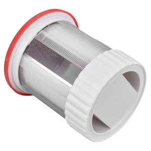 Cheese Grater Home Kitchen with a white plastic cylindrical body, red rim and stainless steel shredding drum