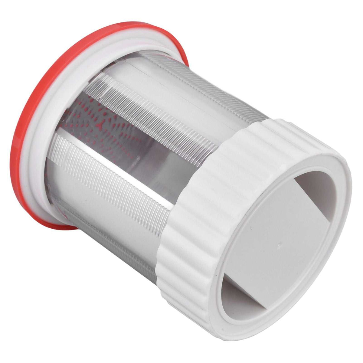 Cheese Grater Home Kitchen with a white plastic cylindrical body, red rim and stainless steel shredding drum