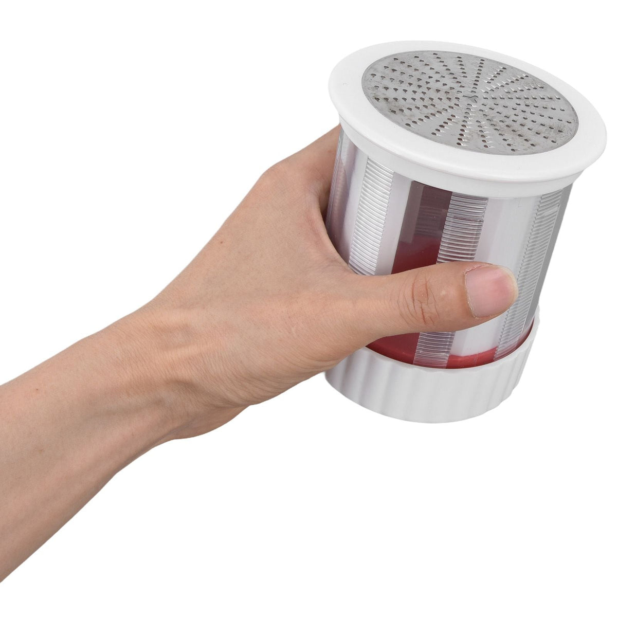 Cheese Grater Home Kitchen, compact white plastic cylindrical grater with a stainless steel shredding top and red interior