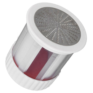 Cheese grater with a white plastic body, red inner section and round stainless steel grating top; Cheese Grater Home Kitchen