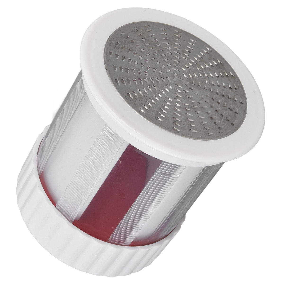 Cheese grater with a white plastic body, red inner section and round stainless steel grating top; Cheese Grater Home Kitchen