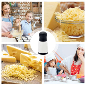 Cheese Shredder Rotary with a black handle and white body, shown alongside grated cheese and family cooking scenes