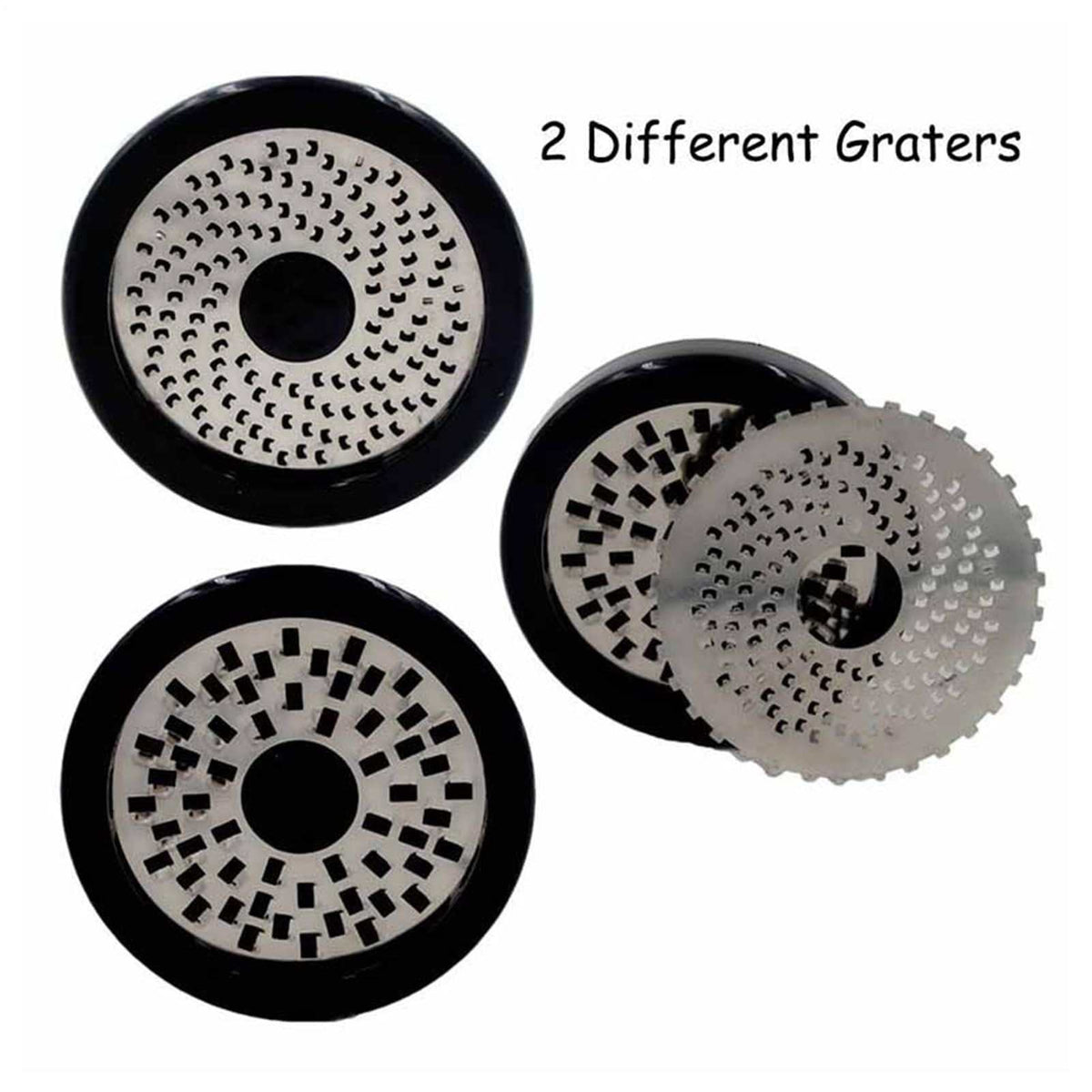 Cheese Shredder Rotary with two circular stainless steel grating drums, one with fine holes and one with coarse cutters
