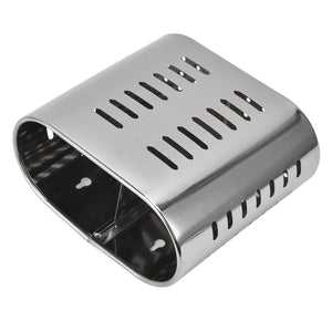 Chopsticks Hanging Organizer in polished silver stainless steel, with an oval shape and elongated drainage slots