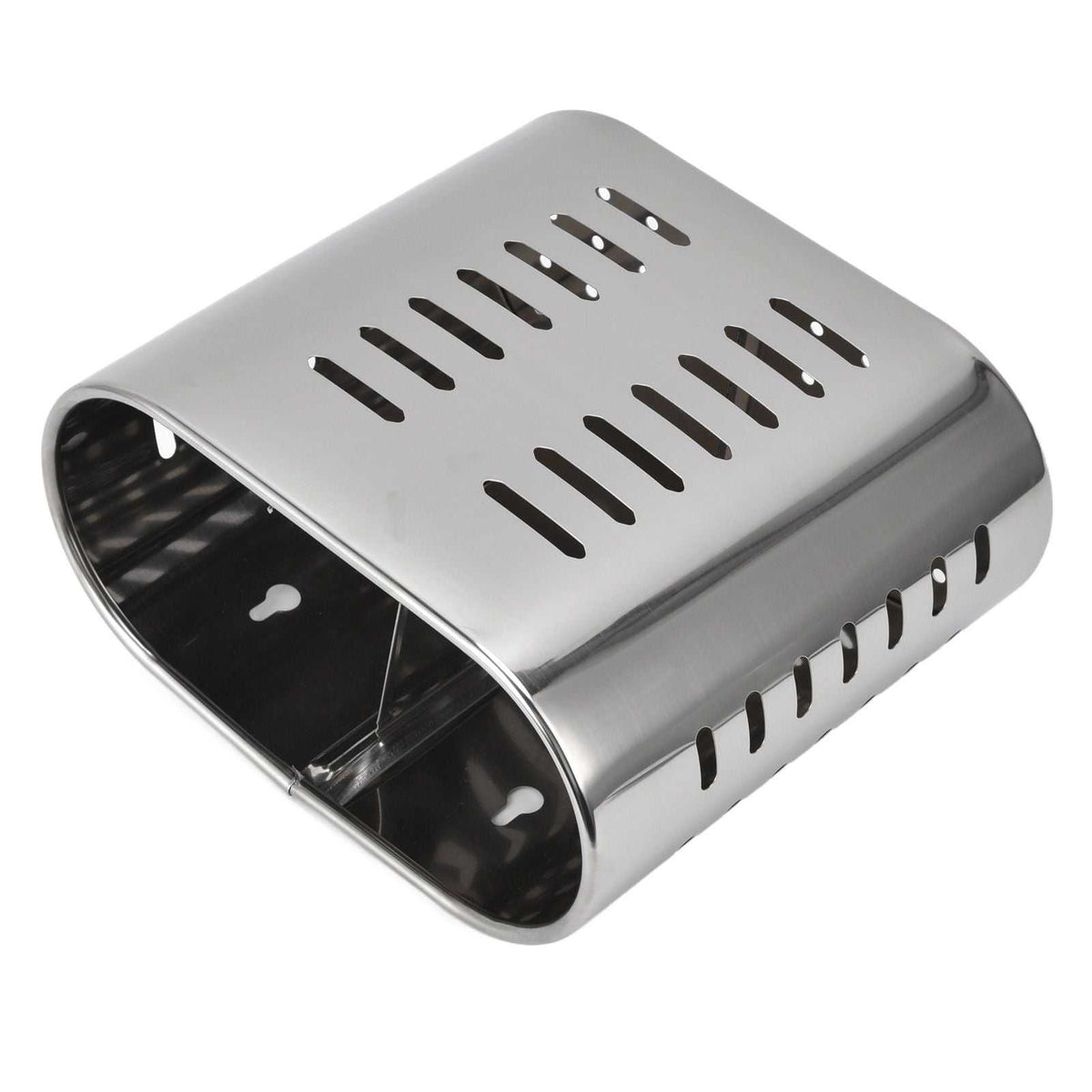 Chopsticks Hanging Organizer in polished silver stainless steel, with an oval shape and elongated drainage slots
