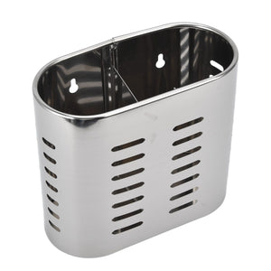 Chopsticks Hanging Organizer in silver stainless steel, with an oval open-top body and rows of drainage slots.