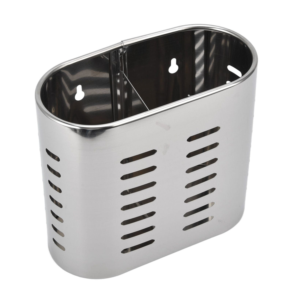 Chopsticks Hanging Organizer in silver stainless steel, with an oval open-top body and rows of drainage slots.