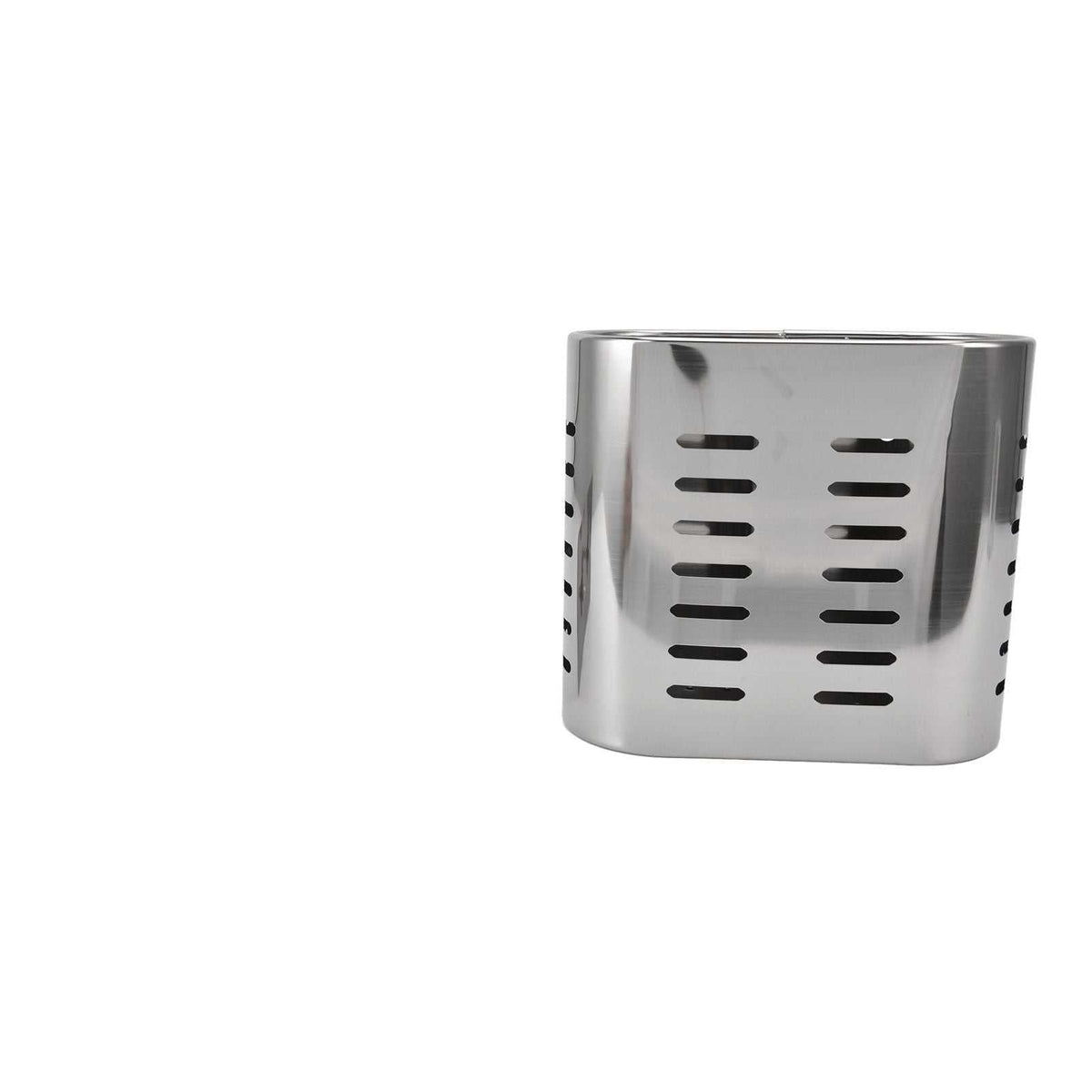 Chopsticks Hanging Organizer in silver stainless steel, with a rounded rectangular shape and rows of drainage slots