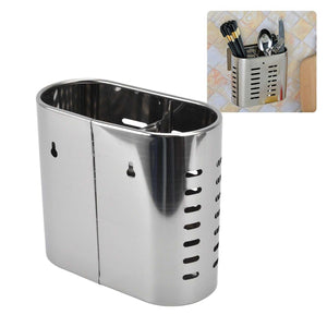 Chopsticks Hanging Organizer in silver stainless steel, with an oval shape, slotted drainage holes and hanging keyhole slots.