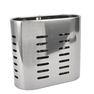 Chopsticks Hanging Organizer in polished silver stainless steel, with a rounded oval body and rows of drainage slots.