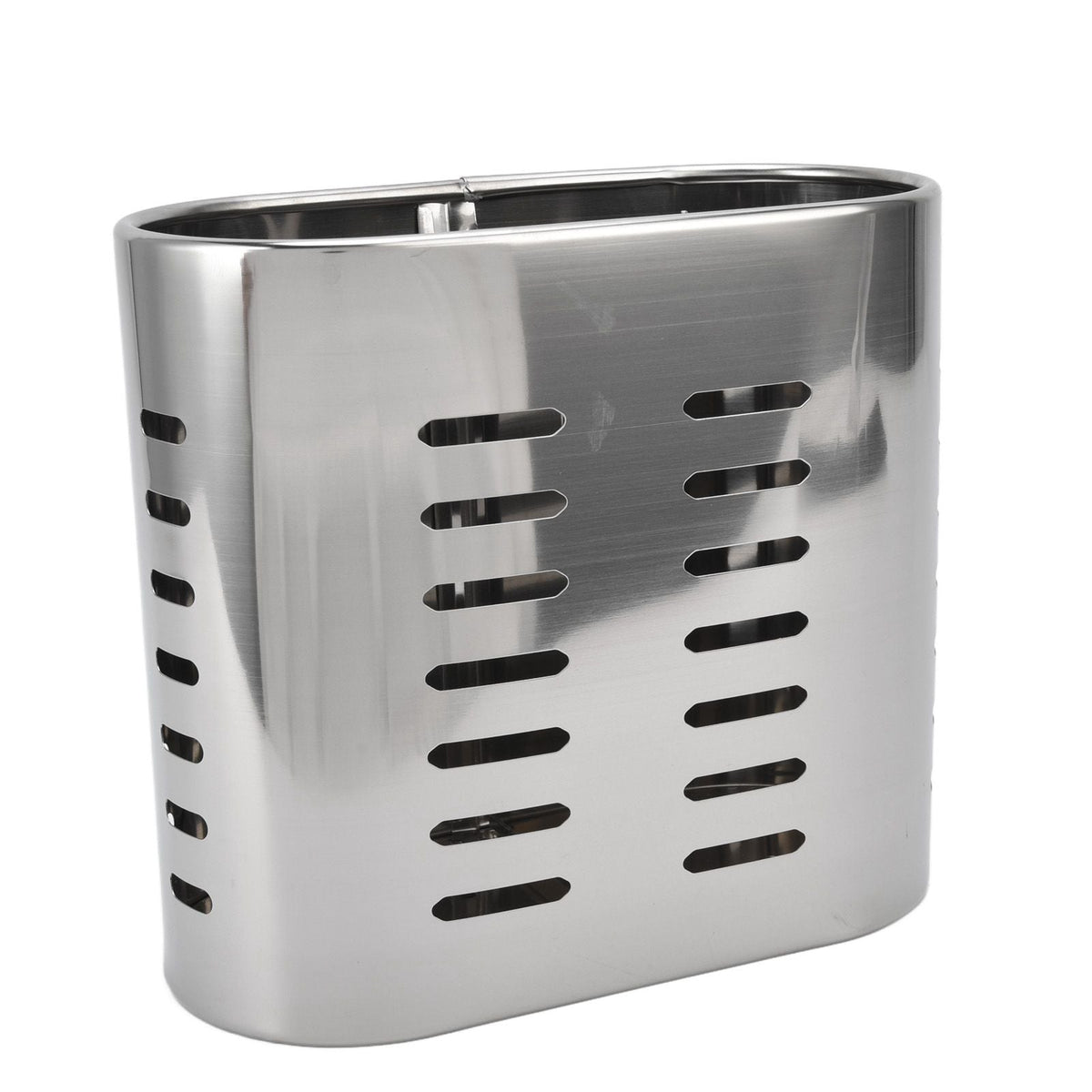 Chopsticks Hanging Organizer in polished silver stainless steel, with a rounded oval body and rows of drainage slots.