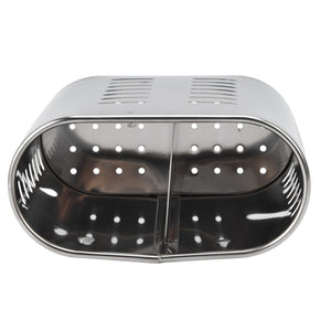 Chopsticks Hanging Organizer in polished silver stainless steel, with an oval divided interior and perforated drain holes