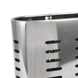 Chopsticks Hanging Organizer in brushed silver stainless steel, with rounded edges and rows of horizontal drainage slots