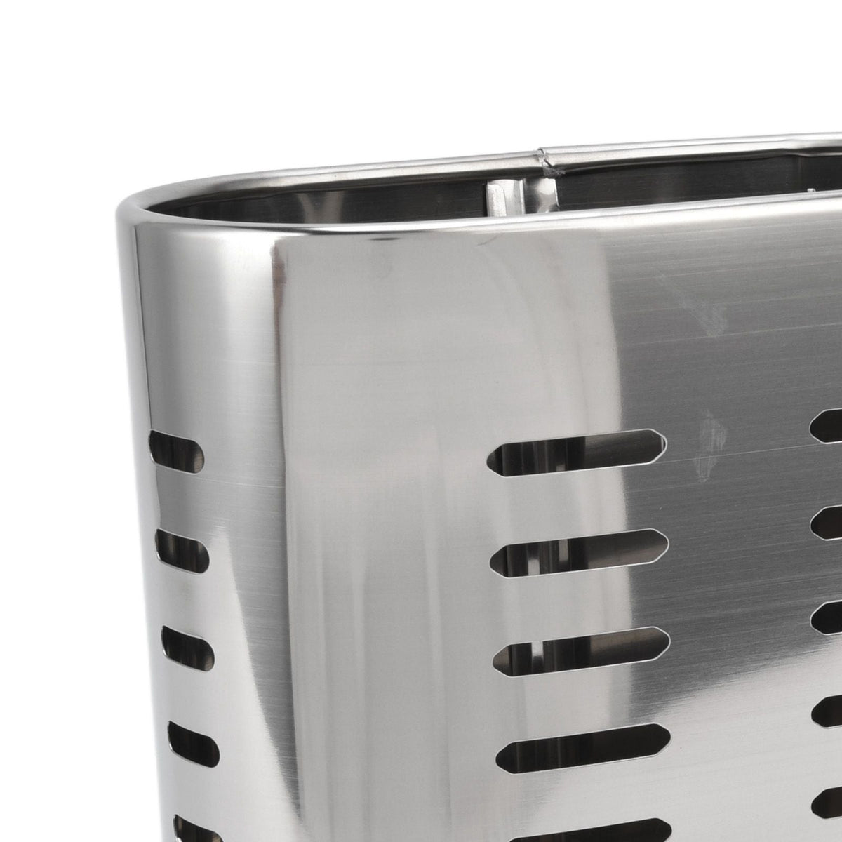 Chopsticks Hanging Organizer in brushed silver stainless steel, with rounded edges and rows of horizontal drainage slots