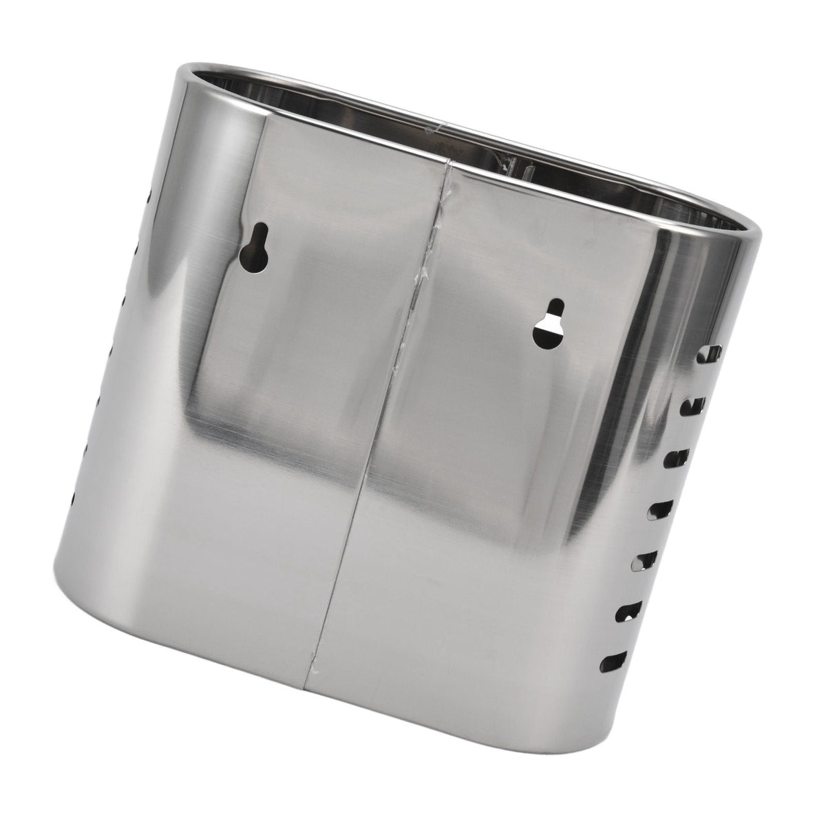 Chopsticks Hanging Organizer in silver stainless steel, with a rounded oval caddy, hanging slots, and side drainage holes