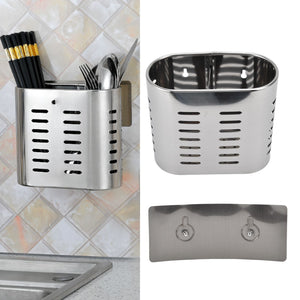 Chopsticks Hanging Organizer, silver stainless steel oval caddy with horizontal drainage slots and hooks for utensils