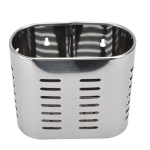 Chopsticks Hanging Organizer in silver stainless steel, with an oval open top, divided interior and slotted drainage holes